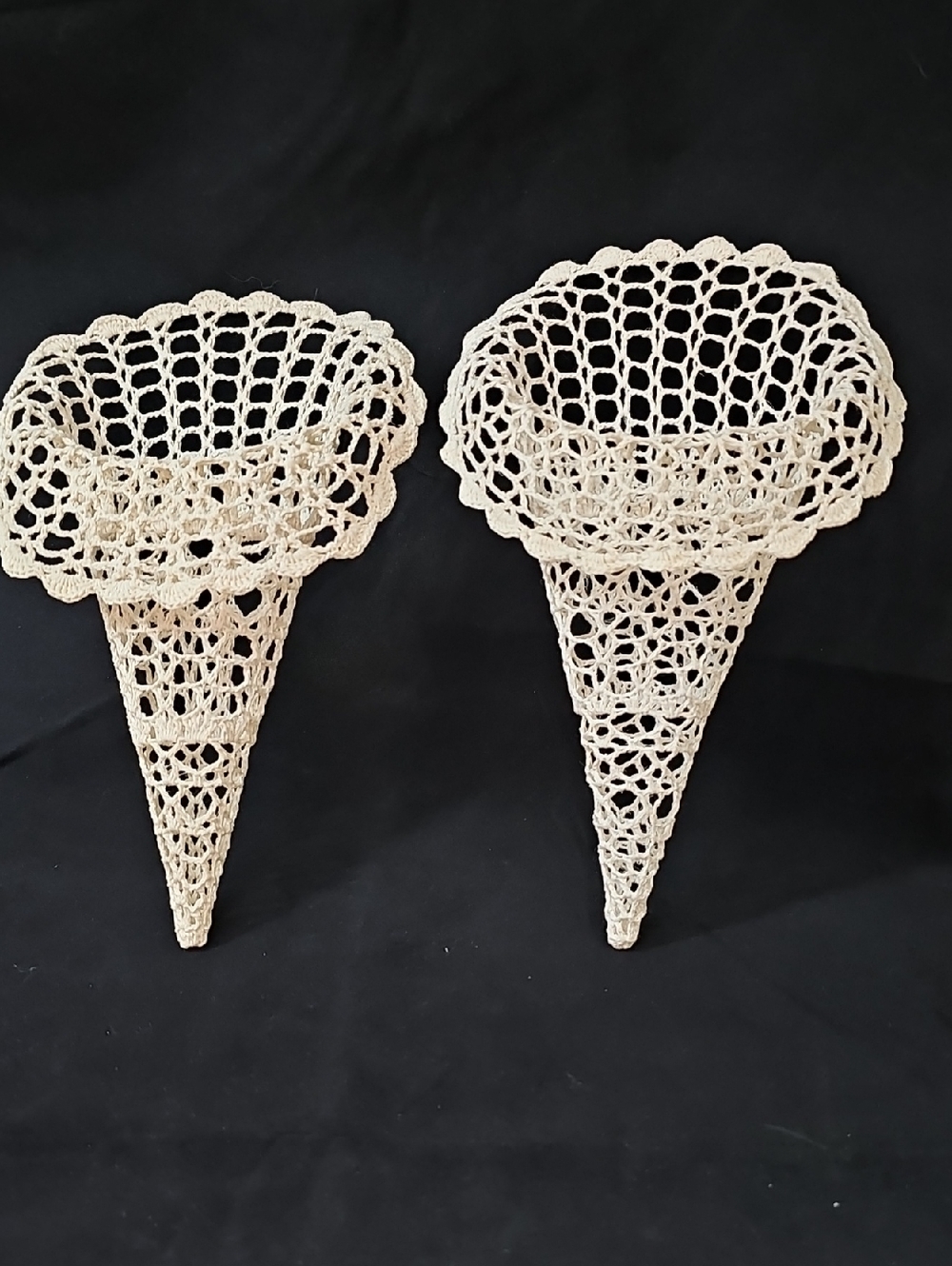 Vintage Handmade Crochet Wall Pockets Pair - Neutral Beige